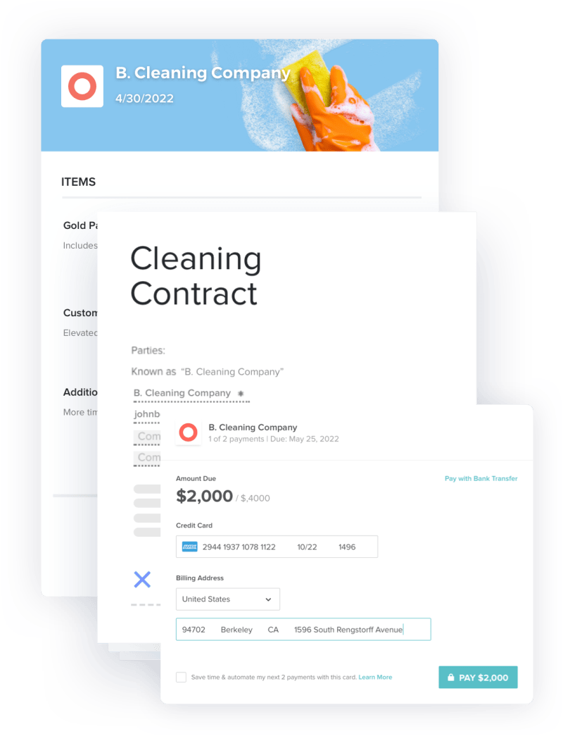 Online proposal template for cleaning business with contract and invoice